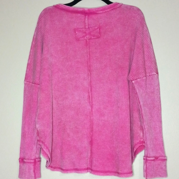 Zenana Hot Pink Mineral Wash Waffle Crew Neck - Picture 3 of 4